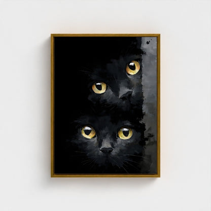 Black Cat Eyes Framed Wall Art Canvas Print – Moody Gothic Animal Artwork for Modern Dark Aesthetic Room Decor