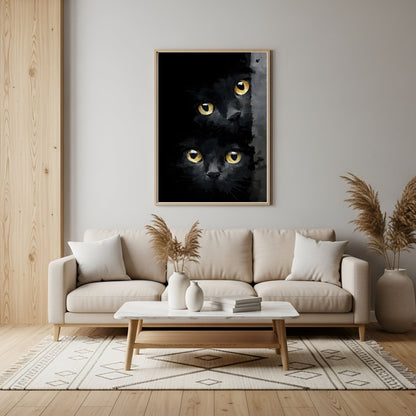 Black Cat Eyes Framed Wall Art Canvas Print – Moody Gothic Animal Artwork for Modern Dark Aesthetic Room Decor