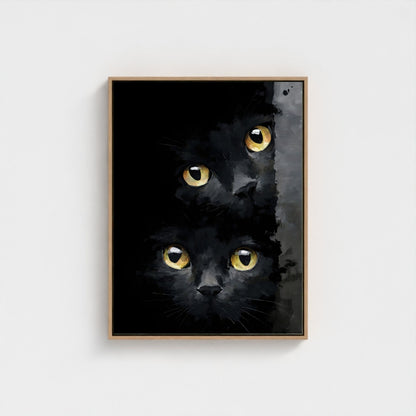 Black Cat Eyes Framed Wall Art Canvas Print – Moody Gothic Animal Artwork for Modern Dark Aesthetic Room Decor