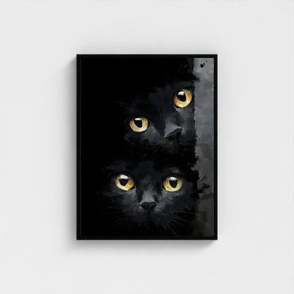 Black Cat Eyes Framed Wall Art Canvas Print – Moody Gothic Animal Artwork for Modern Dark Aesthetic Room Decor