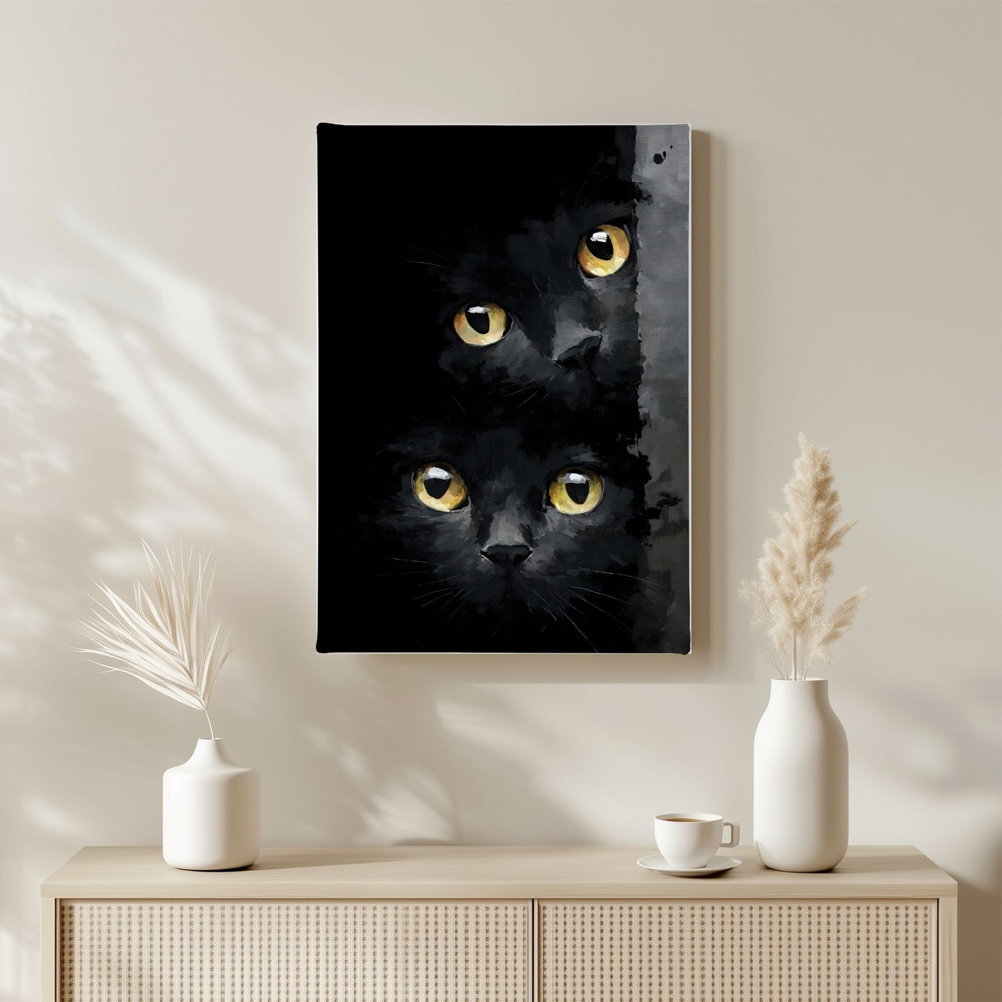 Black Cat Eyes Framed Wall Art Canvas Print – Moody Gothic Animal Artwork for Modern Dark Aesthetic Room Decor