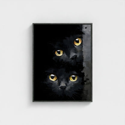 Black Cat Eyes Framed Wall Art Canvas Print – Moody Gothic Animal Artwork for Modern Dark Aesthetic Room Decor