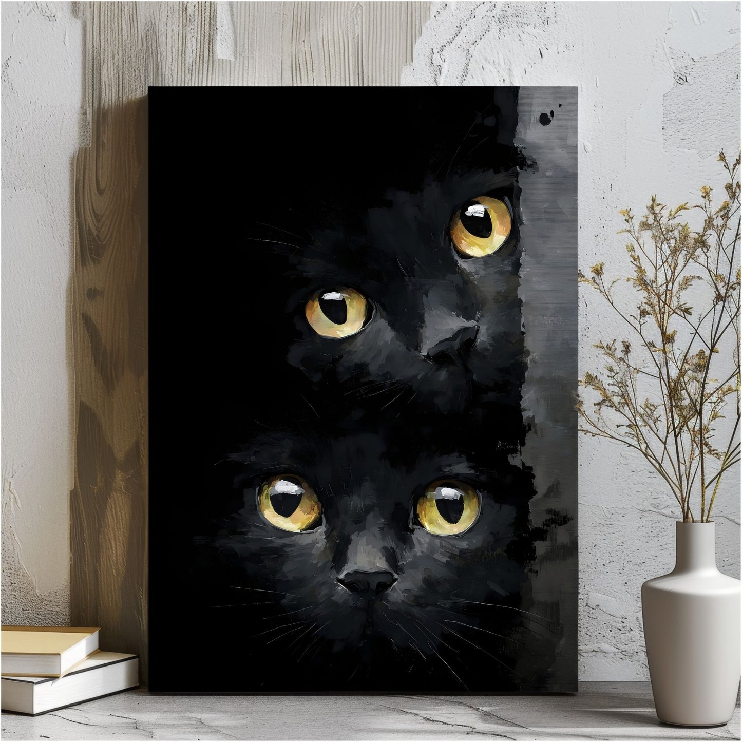 Black Cat Eyes Framed Wall Art Canvas Print – Moody Gothic Animal Artwork for Modern Dark Aesthetic Room Decor
