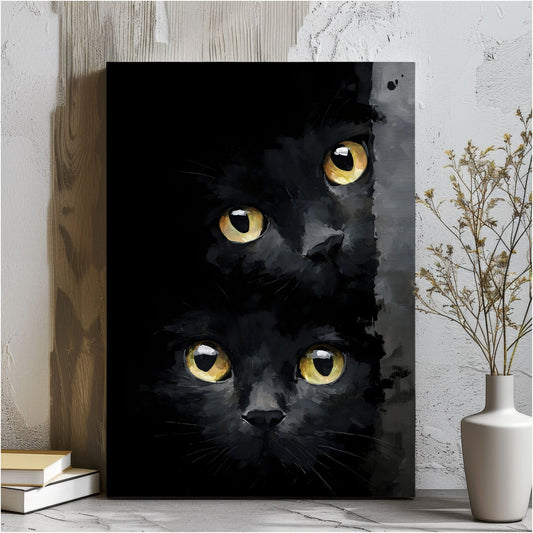 Black Cat Eyes Framed Wall Art Canvas Print – Moody Gothic Animal Artwork for Modern Dark Aesthetic Room Decor