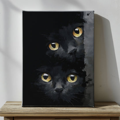 Canvas print of a black cat with yellow eyes on a wooden surface.