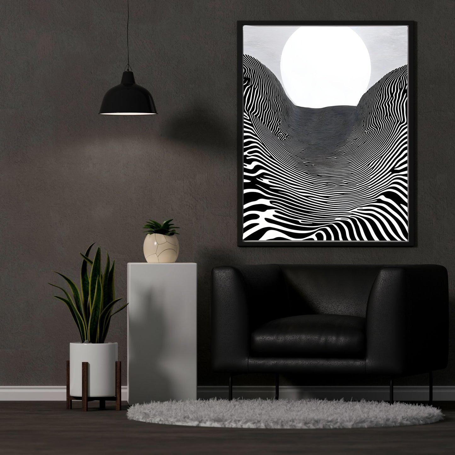 Black White Optical Illusion Framed Wall Art Canvas Print - Modern Geometric Line Abstract Poster for Minimalist Home Decor