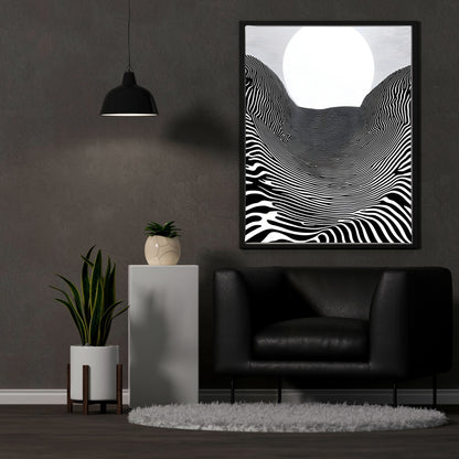 Black White Optical Illusion Framed Wall Art Canvas Print - Modern Geometric Line Abstract Poster for Minimalist Home Decor