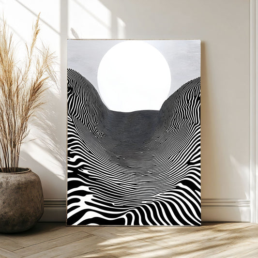 Black White Optical Illusion Framed Wall Art Canvas Print - Modern Geometric Line Abstract Poster for Minimalist Home Decor