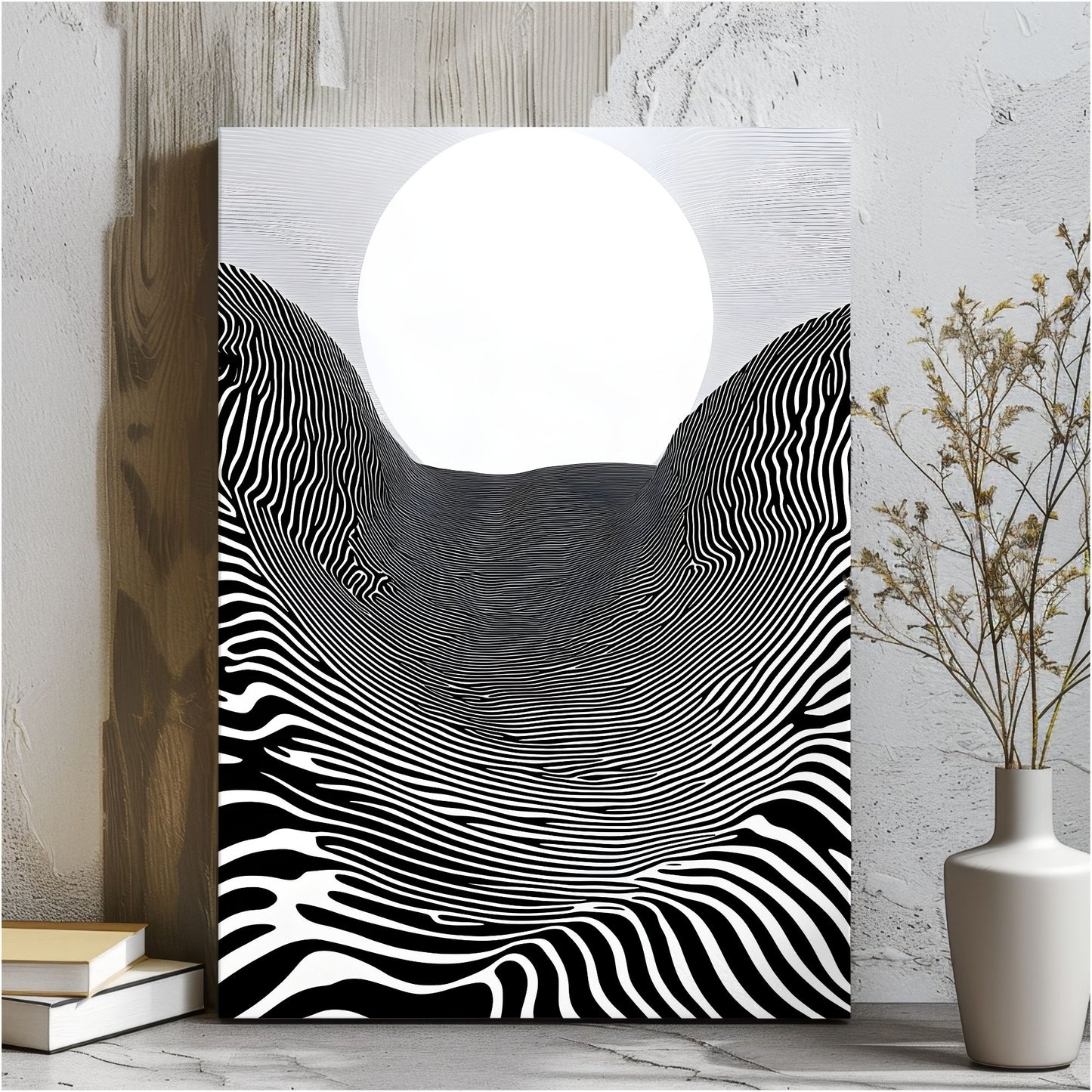 Black White Optical Illusion Framed Wall Art Canvas Print - Modern Geometric Line Abstract Poster for Minimalist Home Decor