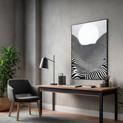 Black White Optical Illusion Framed Wall Art Canvas Print - Modern Geometric Line Abstract Poster for Minimalist Home Decor