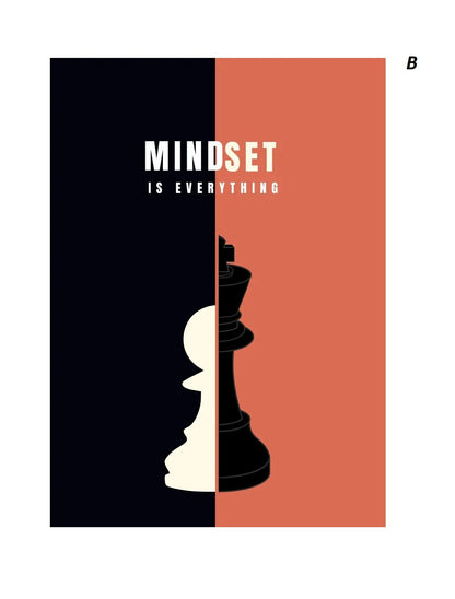 Poster with 'MINDSET IS EVERYTHING' text and chess pieces on a black, orange, and white background.
