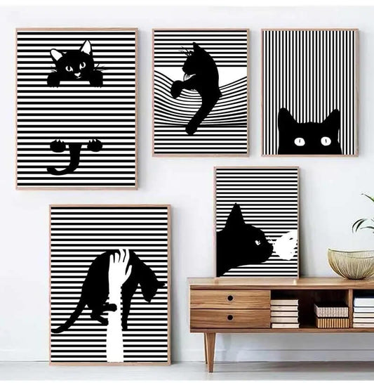 Black And White Cats Line Art Minimalist Canvas Prints Animals Poster Nordic Wall Art Modern Pictures For Living Room Home Décor