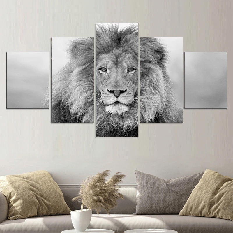 Black & White Lion Wall Art (Set of 5pcs) Canvas Prints Modular Lifestyle Poster For Living Room Modern Home Office Decor