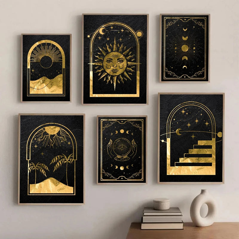 Black Gold Tarot Card Wall Art Prints Sun Moon Esoteric Symbolism Canvas Art Mystical Tarot Wall Décor