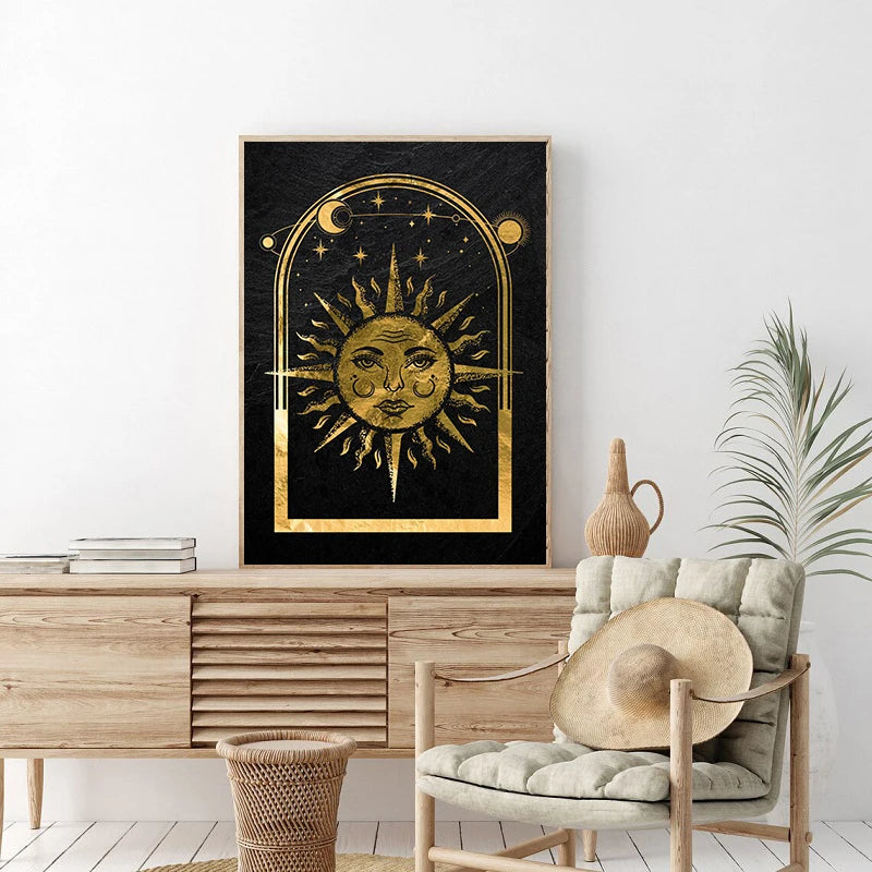 Black Gold Tarot Card Wall Art Prints Sun Moon Esoteric Symbolism Canvas Art Mystical Tarot Wall Décor