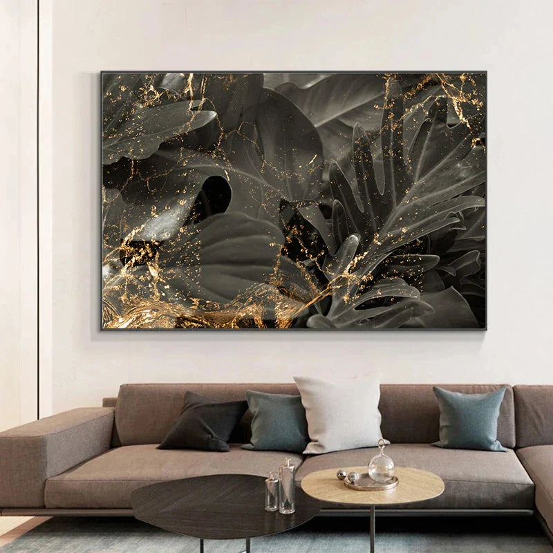 Black Golden Leaves Abstract Wall Art Canvas Prints For Modern Living Room Dining Room Bedroom Luxury Home Decor