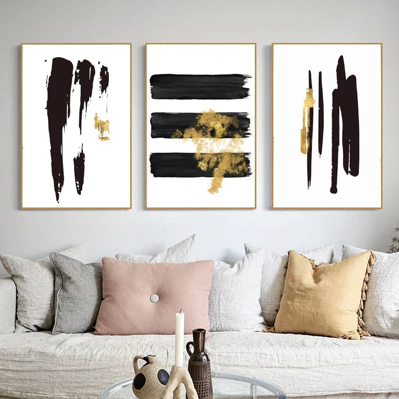Black Golden Lines Minimalist Minimalist Wall Art Canvas Prints For Modern Apartment Living Room Decor