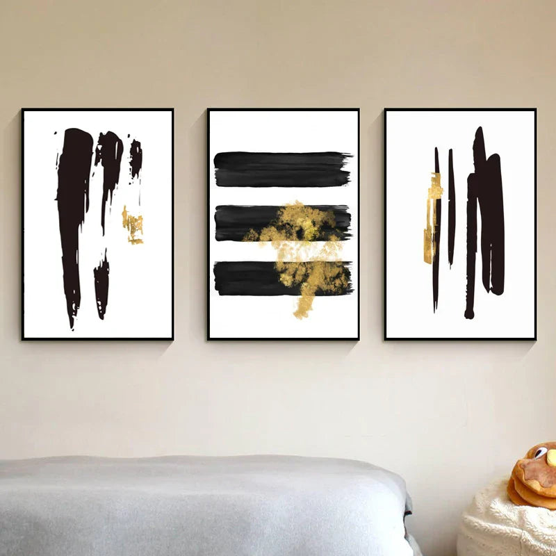Black Golden Lines Minimalist Minimalist Wall Art Canvas Prints For Modern Apartment Living Room Decor