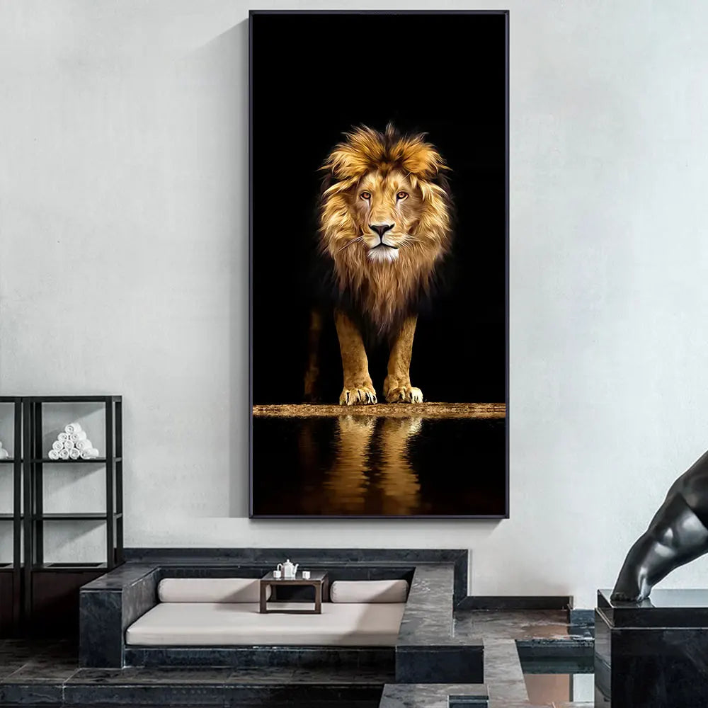 Black Golden Lion Wall Art Canvas Print For Entrance Foyer Living Room Home Decor