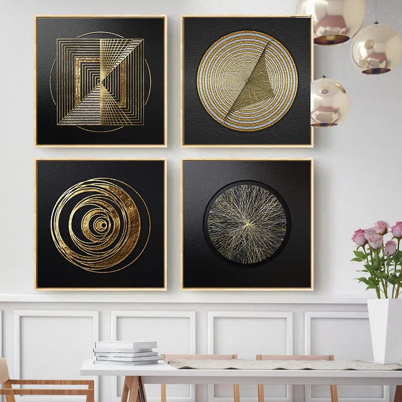Black Golden Spherical Abstract Geometric Wall Art Canvas Prints Modern Aesthetics Square Format Poster For Living Room Home Office Decor