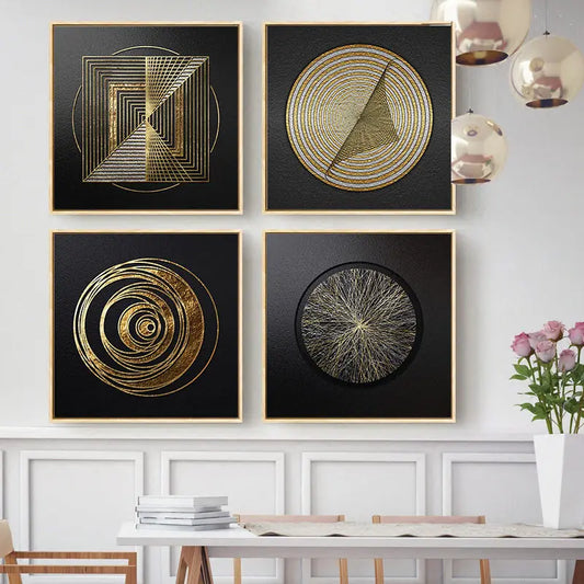 Black Golden Spherical Abstract Geometric Wall Art Canvas Prints Modern Aesthetics Square Format Poster For Living Room Home Office Decor