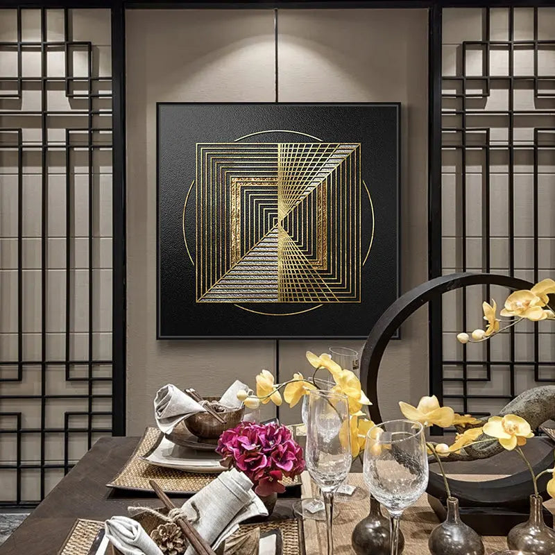Black Golden Spherical Abstract Geometric Wall Art Canvas Prints Modern Aesthetics Square Format Poster For Living Room Home Office Decor