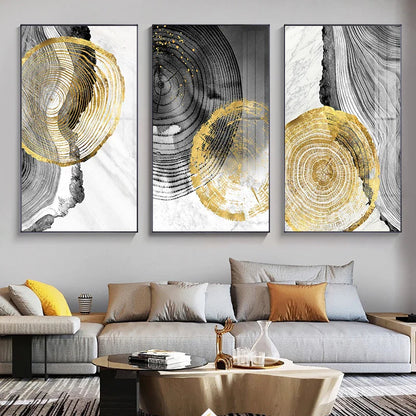 Black Gray Golden Abstract Tree Rings Wall Art Canvas Prints For Living Room Dining Room Scandinavian Interiors