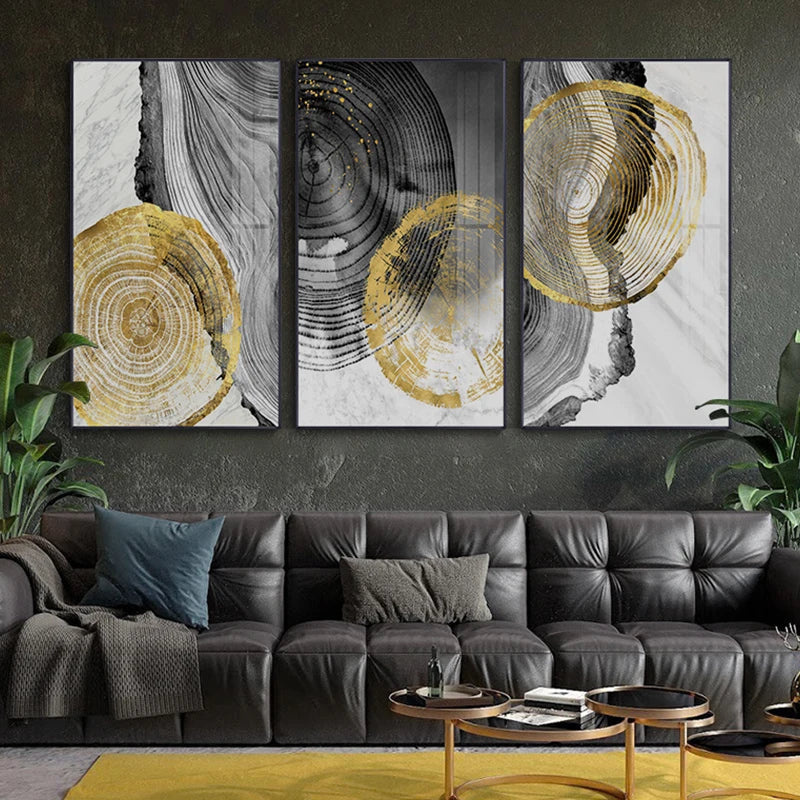 Black Gray Golden Abstract Tree Rings Wall Art Canvas Prints For Living Room Dining Room Scandinavian Interiors