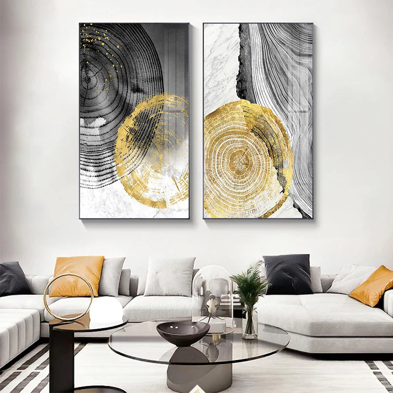 Black Gray Golden Abstract Tree Rings Wall Art Canvas Prints For Living Room Dining Room Scandinavian Interiors