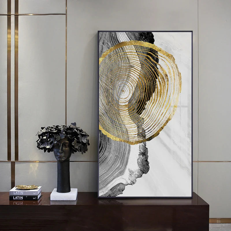 Black Gray Golden Abstract Tree Rings Wall Art Canvas Prints For Living Room Dining Room Scandinavian Interiors