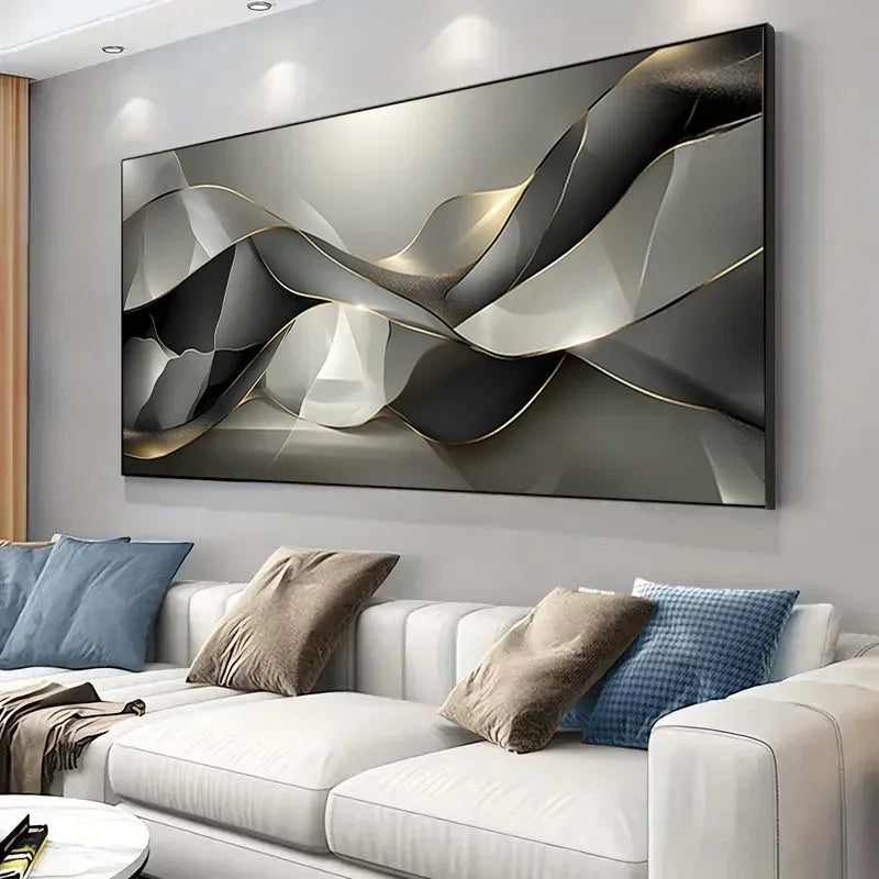 Abstract Black Grey Golden Flowing Geometric Wall Art Canvas Prints For Modern Apartment Living Room Home Office Decor