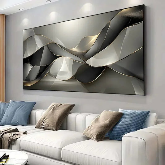 Abstract Black Grey Golden Flowing Geometric Wall Art Canvas Prints For Modern Apartment Living Room Home Office Decor