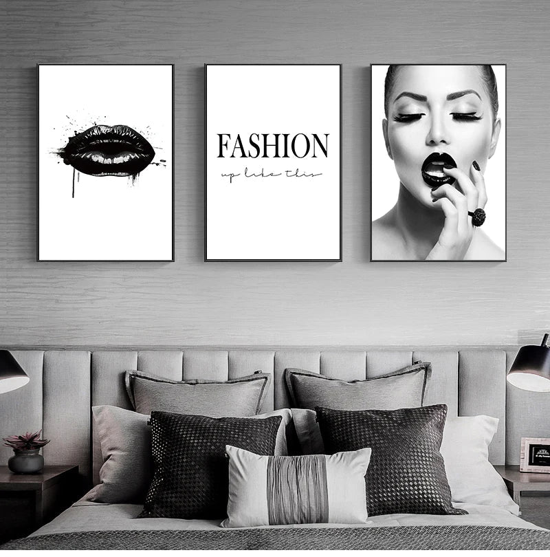Black Lip Gloss Fashion Beauty Wall Art Fine Art Canvas Prints Minimalist Black White Poster For Studio Bedroom Salon Art Decor