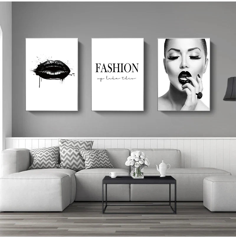 Black Lip Gloss Fashion Beauty Wall Art Fine Art Canvas Prints Minimalist Black White Poster For Studio Bedroom Salon Art Decor