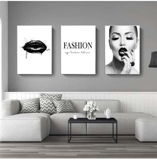 Black Lip Gloss Fashion Beauty Wall Art Fine Art Canvas Prints Minimalist Black White Poster For Studio Bedroom Salon Art Decor