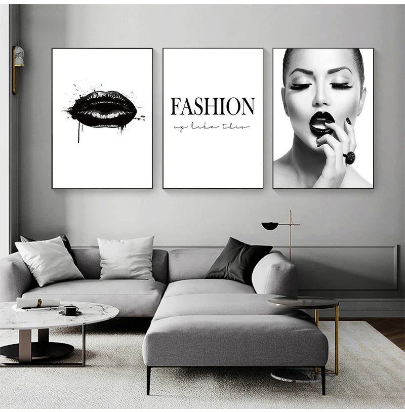 Black Lip Gloss Fashion Beauty Wall Art Fine Art Canvas Prints Minimalist Black White Poster For Studio Bedroom Salon Art Decor