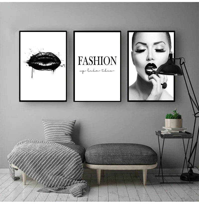 Black Lip Gloss Fashion Beauty Wall Art Fine Art Canvas Prints Minimalist Black White Poster For Studio Bedroom Salon Art Decor