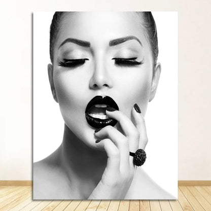 Black Lip Gloss Fashion Beauty Wall Art Fine Art Canvas Prints Minimalist Black White Poster For Studio Bedroom Salon Art Decor
