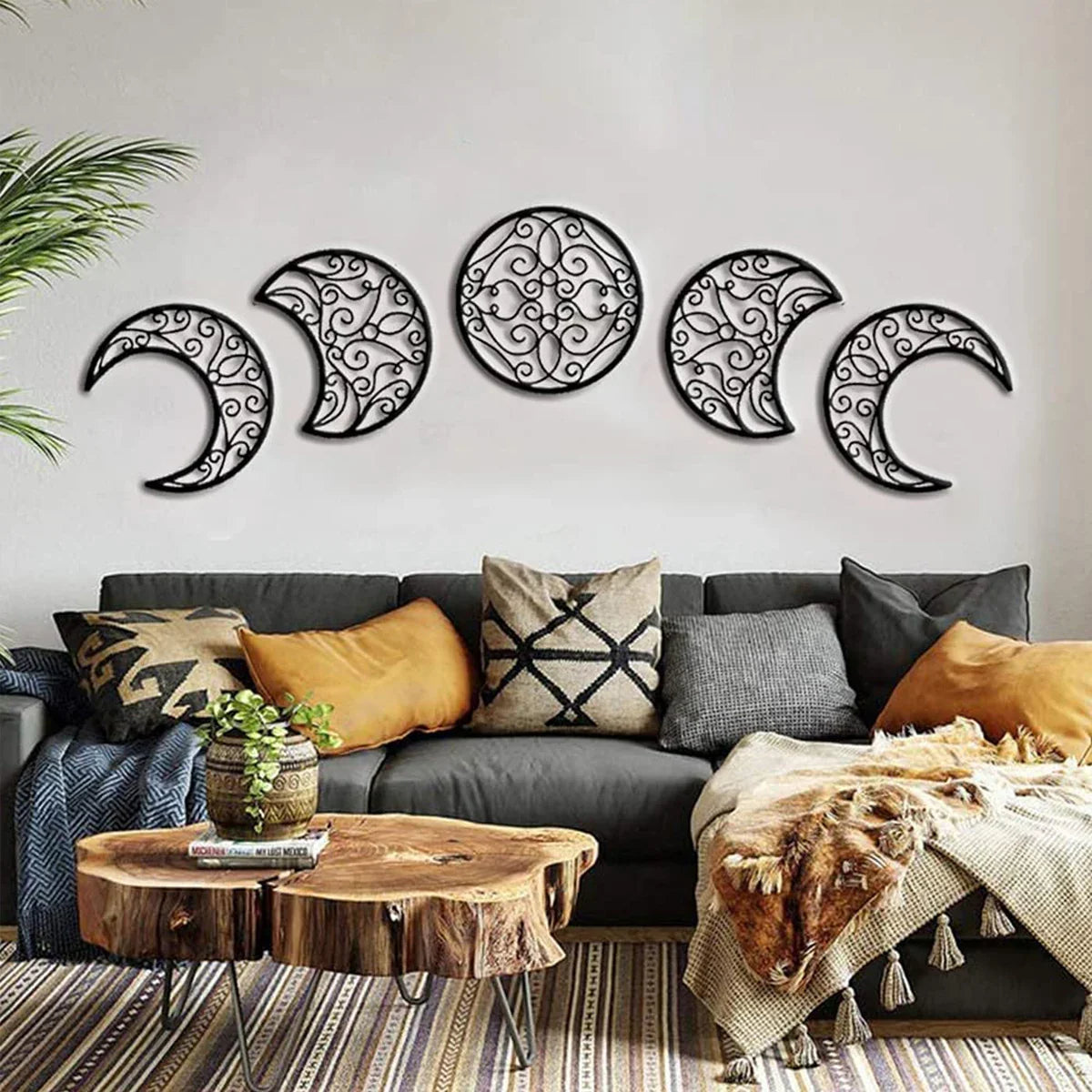 Black Metal Moon Phase Wall Art 3d Iron Craft Wall Mounted Scandinavian Wall Hanging Decoration For Living Room Home Decor