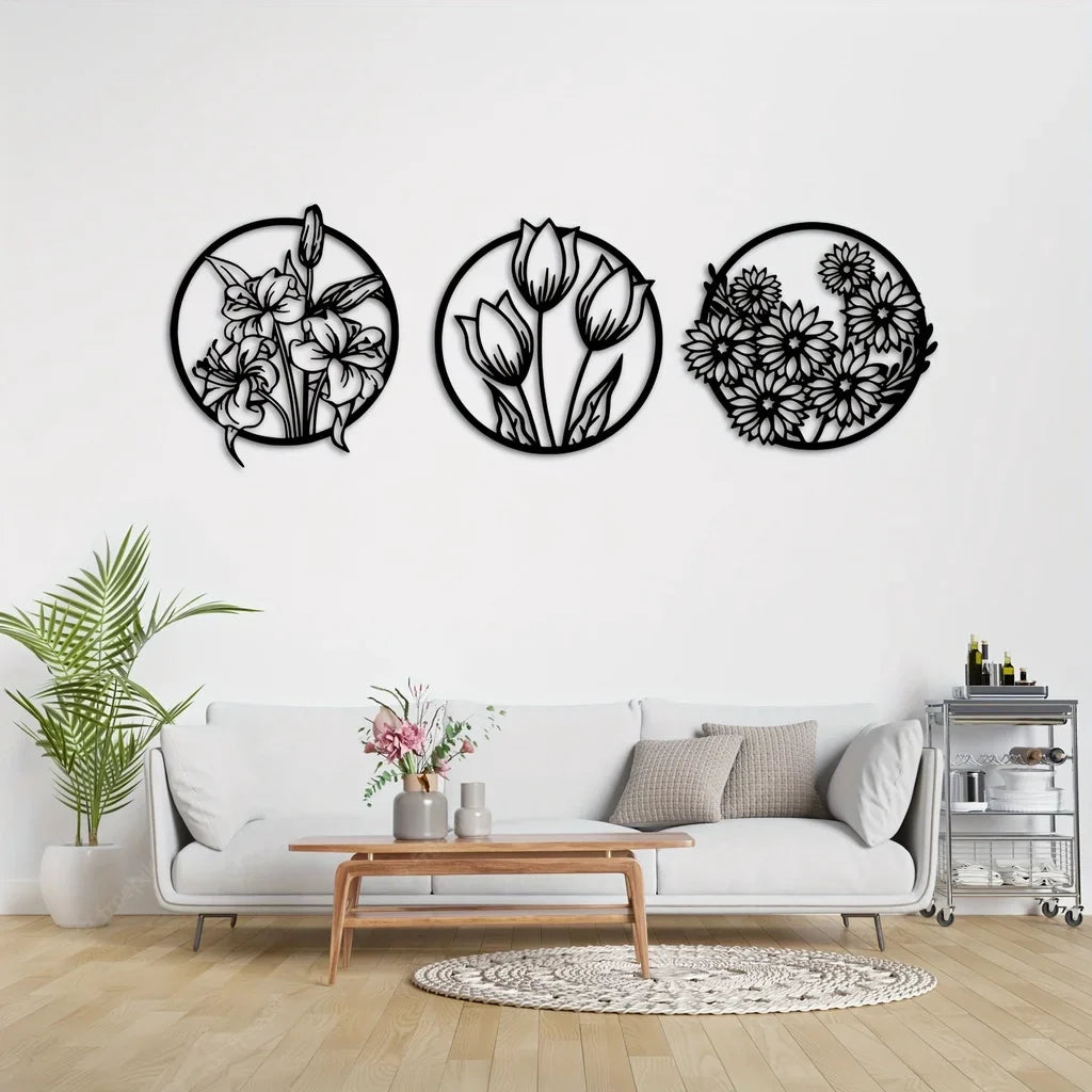 Black Metal Silhouetted Floral Wall Art Plaques Elegant 3d Iron Crafted Wall Decoration For Living Room Dining Room Bedroom Decoration
