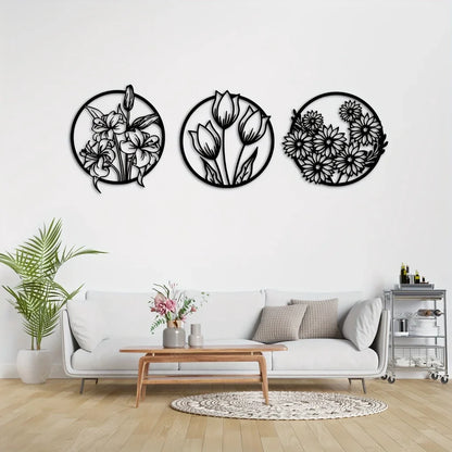 Black Metal Silhouetted Floral Wall Art Plaques Elegant 3d Iron Crafted Wall Decoration For Living Room Dining Room Bedroom Decoration