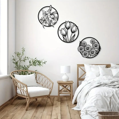 Black Metal Silhouetted Floral Wall Art Plaques Elegant 3d Iron Crafted Wall Decoration For Living Room Dining Room Bedroom Decoration