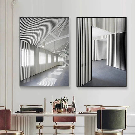 Black White Architectural Interiors Wall Art Canvas Prints For Modern Loft Living Room Home Office Decor