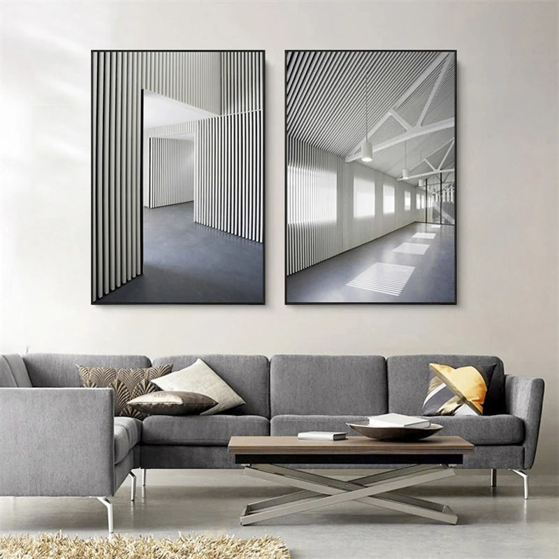 Black White Architectural Interiors Wall Art Canvas Prints For Modern Loft Living Room Home Office Decor