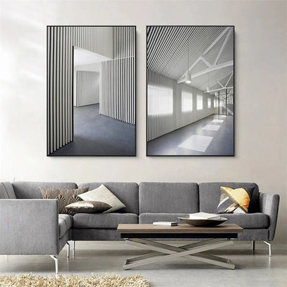 Black White Architectural Interiors Wall Art Canvas Prints For Modern Loft Living Room Home Office Decor