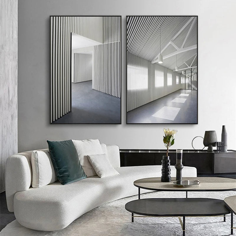 Black White Architectural Interiors Wall Art Canvas Prints For Modern Loft Living Room Home Office Decor