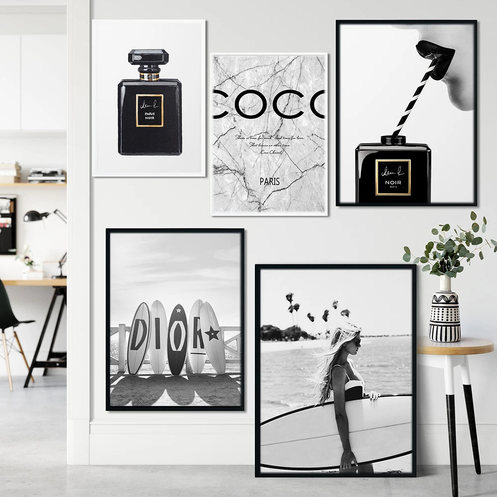 Black White Fashion Wall Art Prints Coco Chanel Dior Surfboard Perfume Posters Minimalist Modern Home Decor Chic Inspirational Wall Art for Living Room Bedroom Office