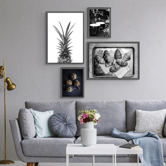 Black White Food Drink Kitchen Canvas Prints Coffee Pineapple Bakeries Gallery Wall Art Set Of 4 Posters For Modern Dining Room Kitchen Coffee Shop Wall Decor