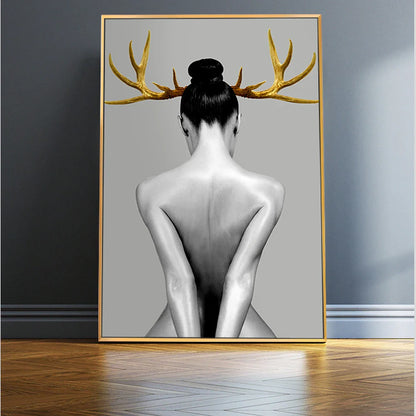 Black White Golden Antlered Girl Wall Art Canvas Prints For Modern Living Room Bedroom Studio Home Decor