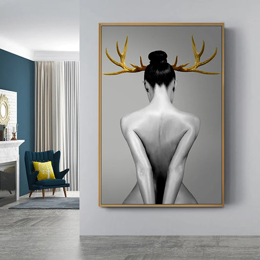 Black White Golden Antlered Girl Wall Art Canvas Prints For Modern Living Room Bedroom Studio Home Decor
